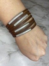 Wide Brown Leather Strap Snap Fashion Bracelet