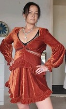 ASOS Design Velvet Lace Insert Mini Dress Size S Orange Brown