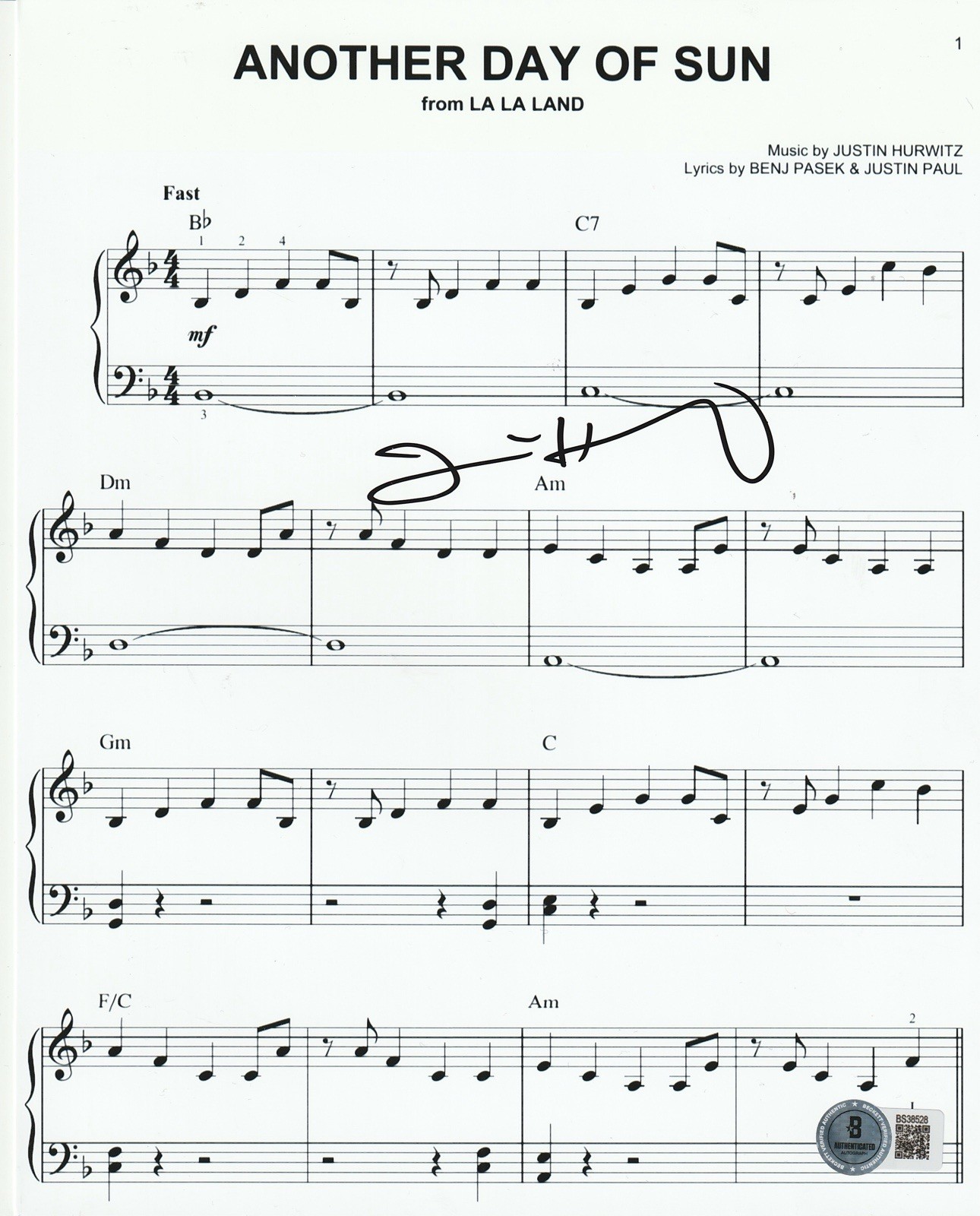 HOJA LÍRICA FIRMADA POR JUSTIN HURWITZ LA LAND OTRO DÍA DE SOL - CERTIFICADO DE AUTENTICIDAD BECKETT
