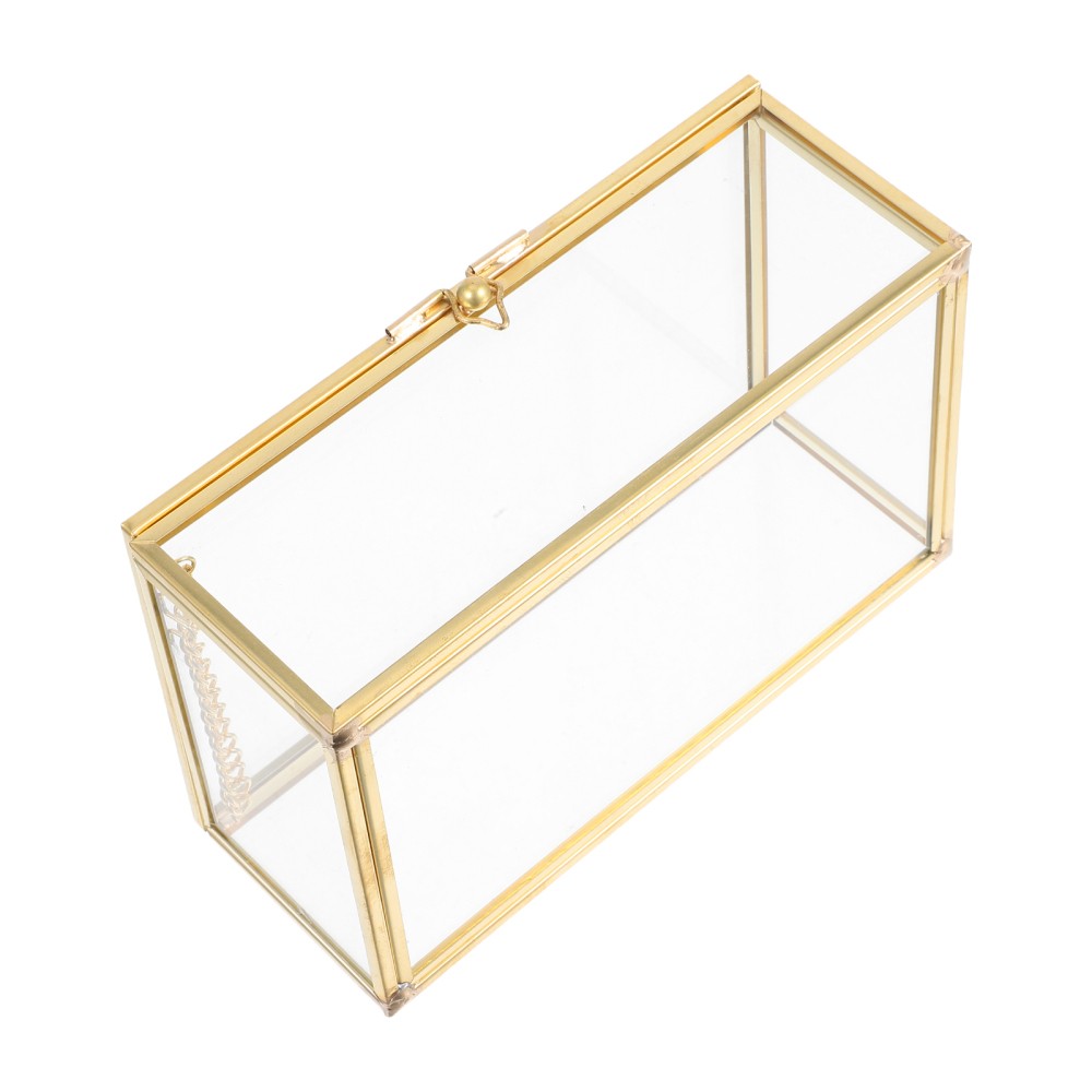Golden Rectangular Glass Keepsake Box for Jewelry and Decorative Display