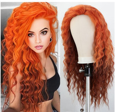 Long Curly Wavy Fluffy Synthetic Hair Free Part Wigs Orange Rooted Women Soft