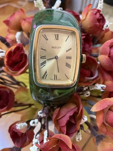 VTG Rare Agon 1970s Mechanical Bangle Cuff Watch - Green Marble Faux Malachite  - product listing photo