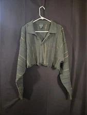 Scandia Woods XL Green with Stripes 1/4 Button Sweater Cut Off Crop Top Women's