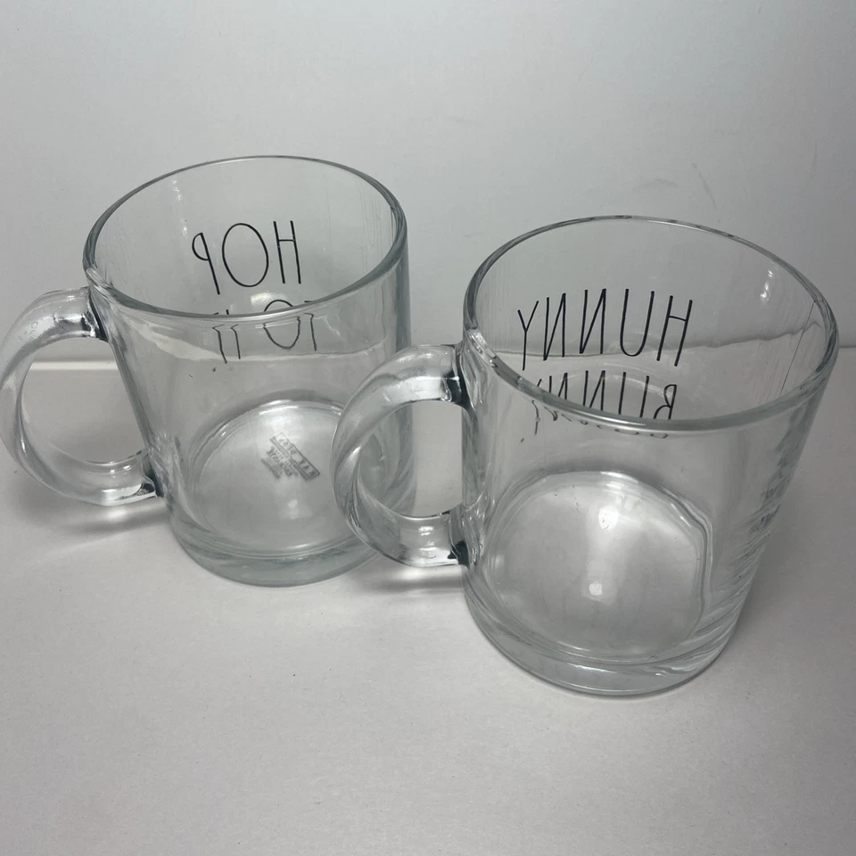 Rae Dunn  18 Oz Glass Mug Hop To It and Hunny Bunny Clear Glass Black Print 2 pc - Image 3 of 4