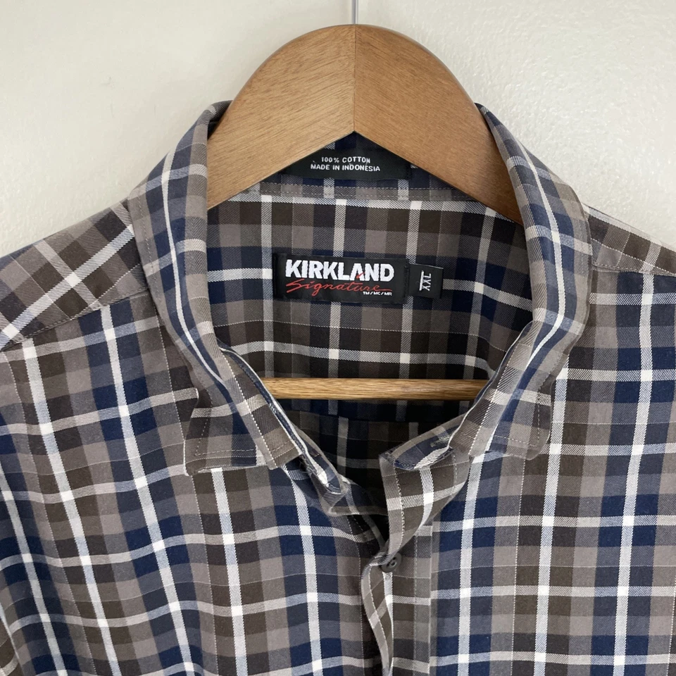 Kirkland Signature Shirt Mens 2XL XXL Brown & Blue Plaid Long Sleeve Button Down - Image 4 of 4
