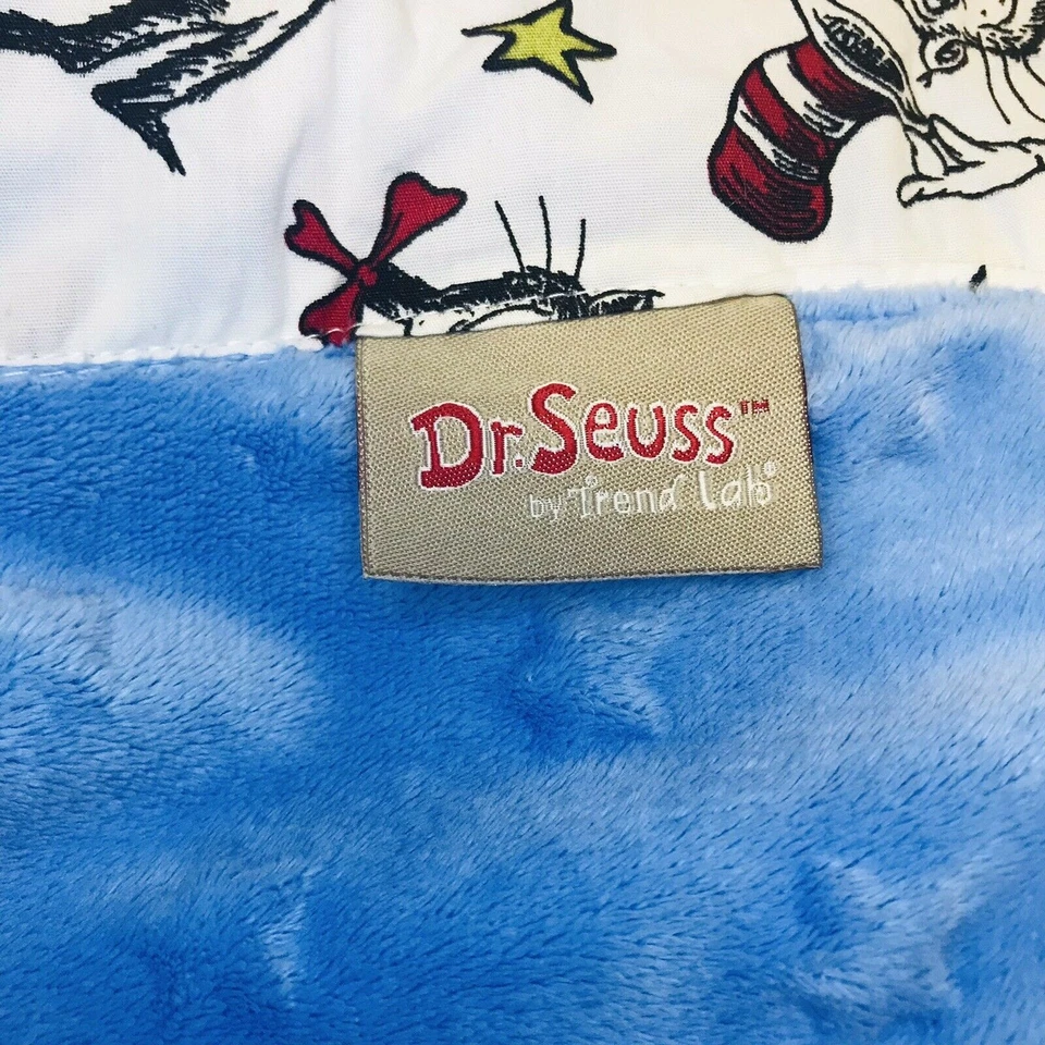 Trend Lab Dr Seuss Cat In The Hat Baby Blanket Blue Stars Minky Print Trim - Image 2 of 4