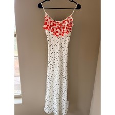 Rixo XS Polka Dot Floral Ruffle Midi Dress White Red Black Viscose Adjustable