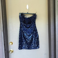B. Darlin Dark Blue Sequin Strapless Feather Trim Party Mini Dress