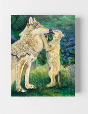 GUAJARDO Original Neo Expressionism Wolf Kiss 14X11 Wood Panel Signed Art
