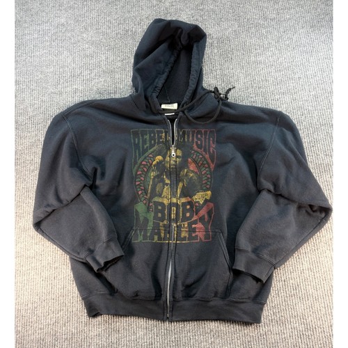 Bob Marley Rebel Music Zip Up Hoodie Black Graphic Sweatshirt Mens XL Reggae