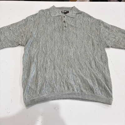 Boom-X Mens Grey Textured Knit Polo Shirt Short Sleeve 2XL Vintage Style 3D Wave
