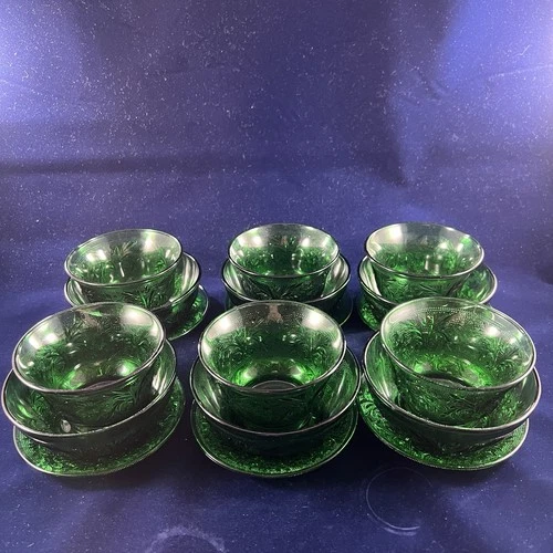 6 3 Pc. Vtg. Sets Of Anchor Hocking Green Custard & Berry Bowls with Underplates