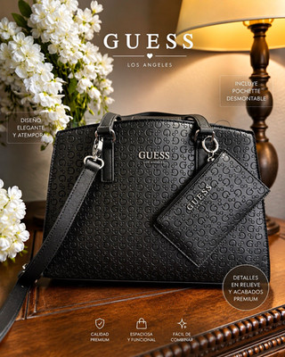 GUESS Women s Large Black Logo Embossed Satchel, Zip, Detachable Strap Pouch