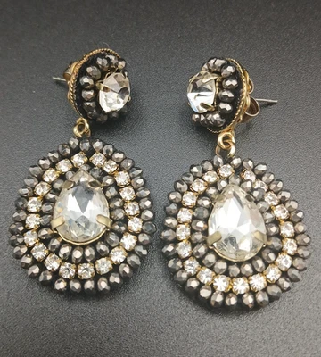 Beaded Rhinestone Leather Back Teardrop Dangle Pierced Earrings Boho 2" - Image 1 of 4