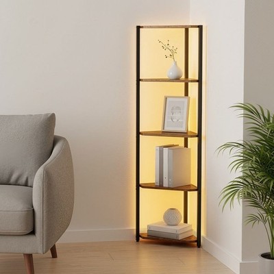 VASAGLE Eck-Bücherregal mit verstellbaren LED-Leuchten, 5-stufiges Regal, Vitrinenregal