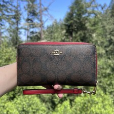 COACH Long Zip-Around Wallet Brown/Red Signature Canvas Gold Hardware AUTHENTIC