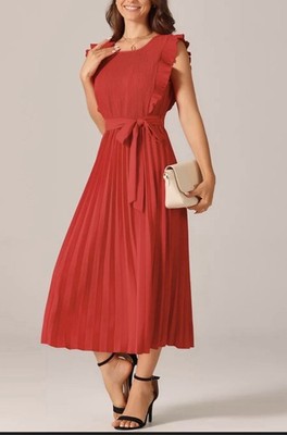 Sharagano New York Bosa Nova Red Midi  Dress Shoulder Ruffle Sleeveless 12