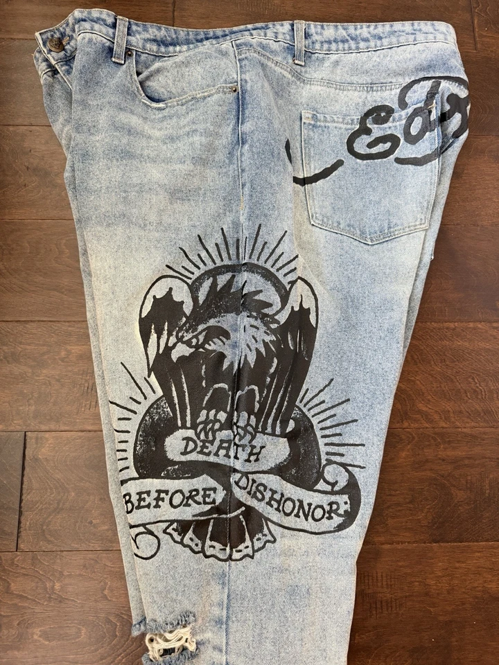 Ed Hardy Death Before Dishonor Slim Taper Jeans Men's Size 42 Distressed Denim - Image 4 of 4