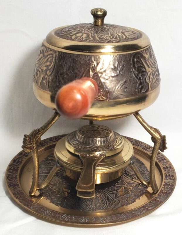 Vintage Brass Korean Fondue Set 6 Piece Floral Pattern