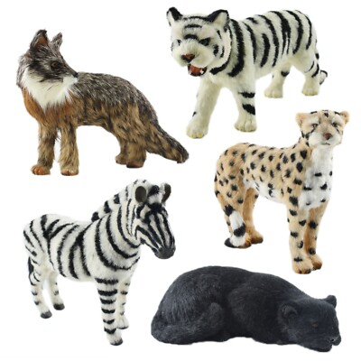 ZOO ANIMALSFUR FIGURINE 5 PIECE ASSORTMENT - FOX ZEBRA CHEETAH PANTHER TIGER