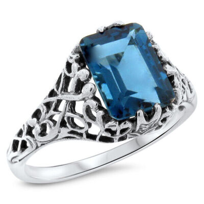 2 kt ECHTER LONDONER BLAUTOPAS ANTIKER STIL 925 STERLINGSILBER RING Gr. 5 #687