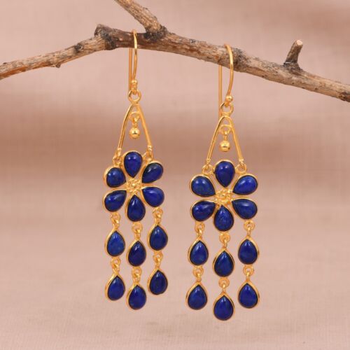 Boucles d'oreilles mode femmes lustre bleu lapis-lazuli angle artisan plaqué or - Photo 1 sur 10