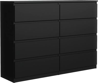 Kommode Schwarz Matt mit 8 Schubladen 140 cm, Sideboard Wohnzimmer Schlafzimmer
