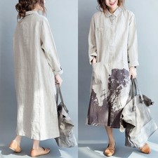 Cinese Inchiostro Pittura Camicia Donna Loose Tasca Maxi Camicetta Cotone Linen