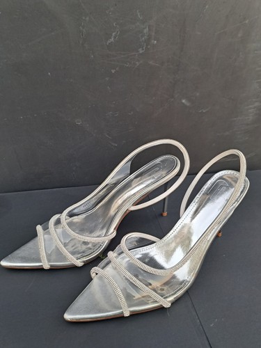New, Clear PVC 4-Inch Heels With Silver Glitter Rhinestone Trim, Women. Size 11 - Picture 3 of 10