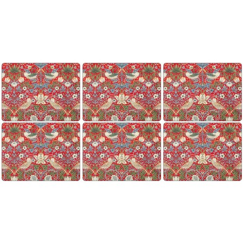 Morris & Co Placemats from Pimpernel Strawberry Thief Red Cork-Backed Set of 6 - Picture 1 of 5