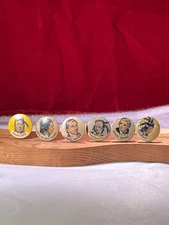 CRACKER JACK TIN TOY FRONTIER PINS BOONE,CLARK, MONROE, MASSASOIT,CALF,& PHILIPP
