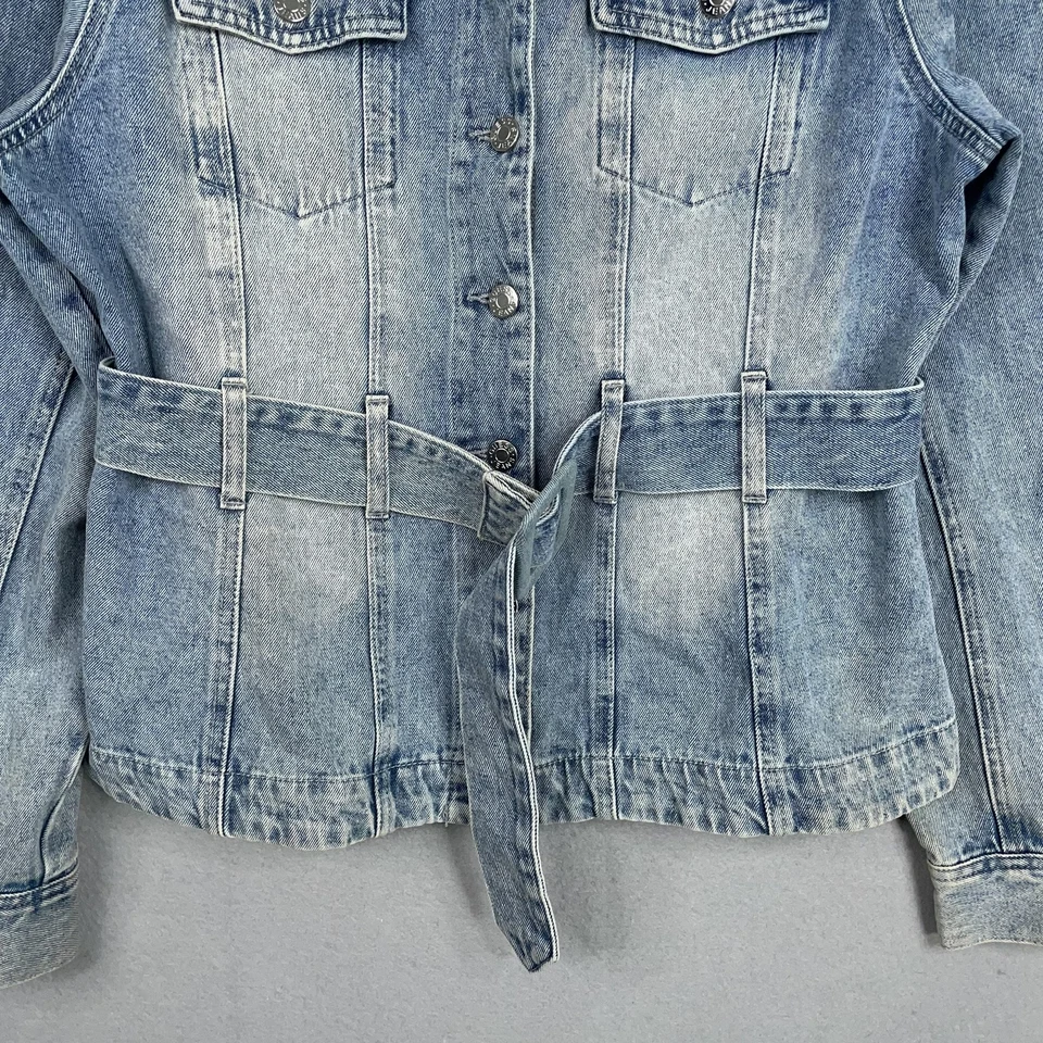 Chaqueta Guess Mujer XL Azul Denim Cinturón Botón Frontal Lavado Claro Abrigo Camionero Foto 3 de 4