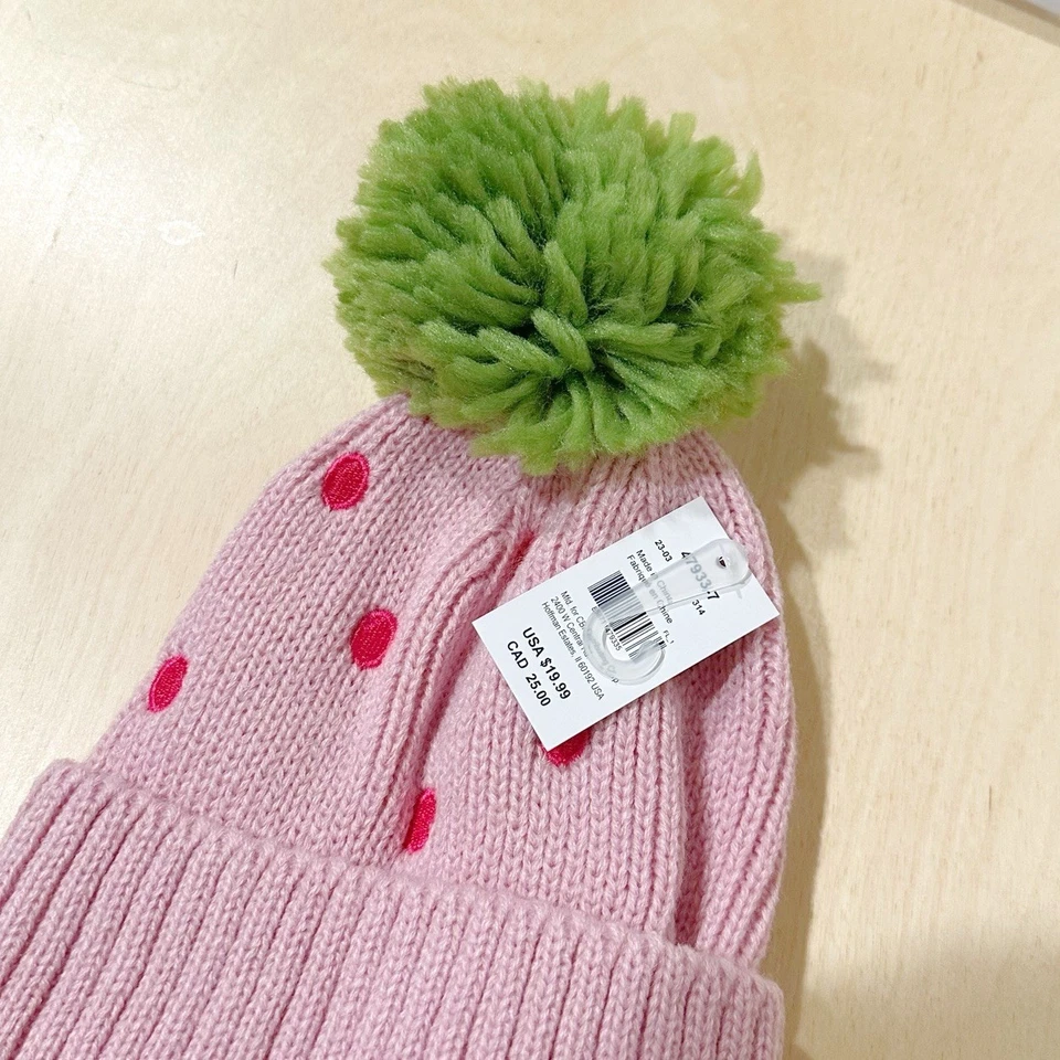New Claire’s Strawberry Beanie Pompom Hat - Pink And Green - Изображение 2 из 3