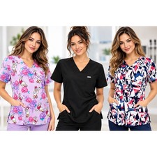 Women s Scrub Tops LOT OF 3 Size L FIGS Barco One Disney Daisy Duck V Neck