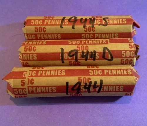 1944 P D S Lincoln Wheat Penny Rolls 150 Coins  3 Rolls  G-VF