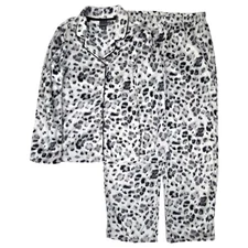 Covington Womens Gray Animal Print Button Front Fleece Pajamas Sleep Set