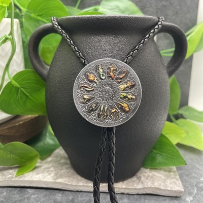 Rodeo Bolo Tie Western Star Signs Black Leather Necktie New Free Ship B8284