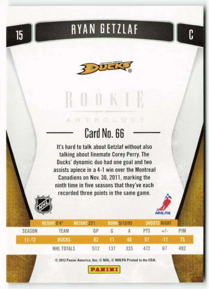 2011-12 Ryan Getzlaf Panini Rookie Anthology - Anaheim Ducks - Image 2 of 2