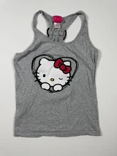 Hello Kitty Tank Top Womens L Gray Racerback Graphic Sleepwear Cotton Cute Bow