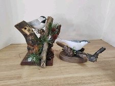 Handcarved Wooden Chickadees On Wooden Base, Separate Wood Bases with Real...