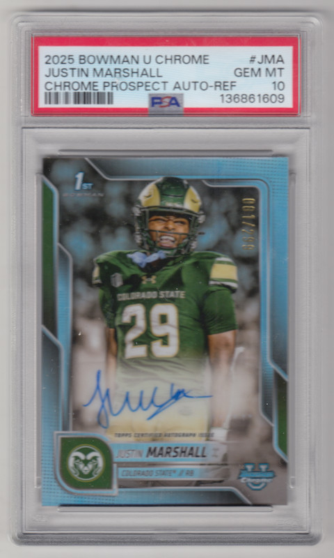 2025 BOWMAN CHROME U JUSTIN MARSHALL REFRACTOR RC AUTO /299 PSA 10 MINT
