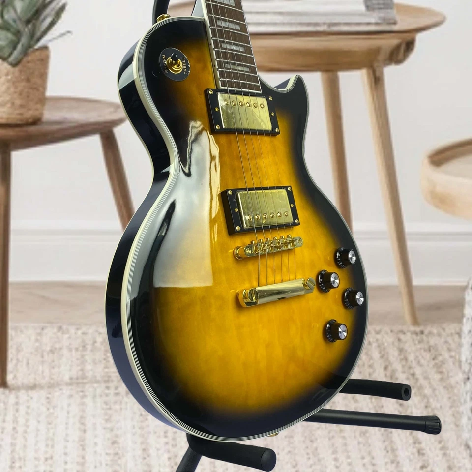 Guitarra Eléctrica Les Paul Personalizada con Incrustación Negra y Tapa de Arce Llamado Amarillo Foto 3 de 4
