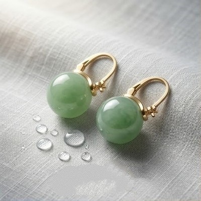 2 Pcs Round Green Bead Drop Earrings for Women Elegant Fashion Jewelry Gift