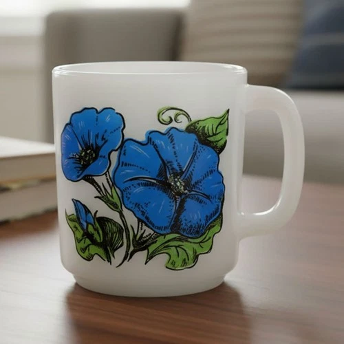 Vintage Glasbake 79 8 Ounce Morning Glory Milk Glass Coffee Mug D Handle