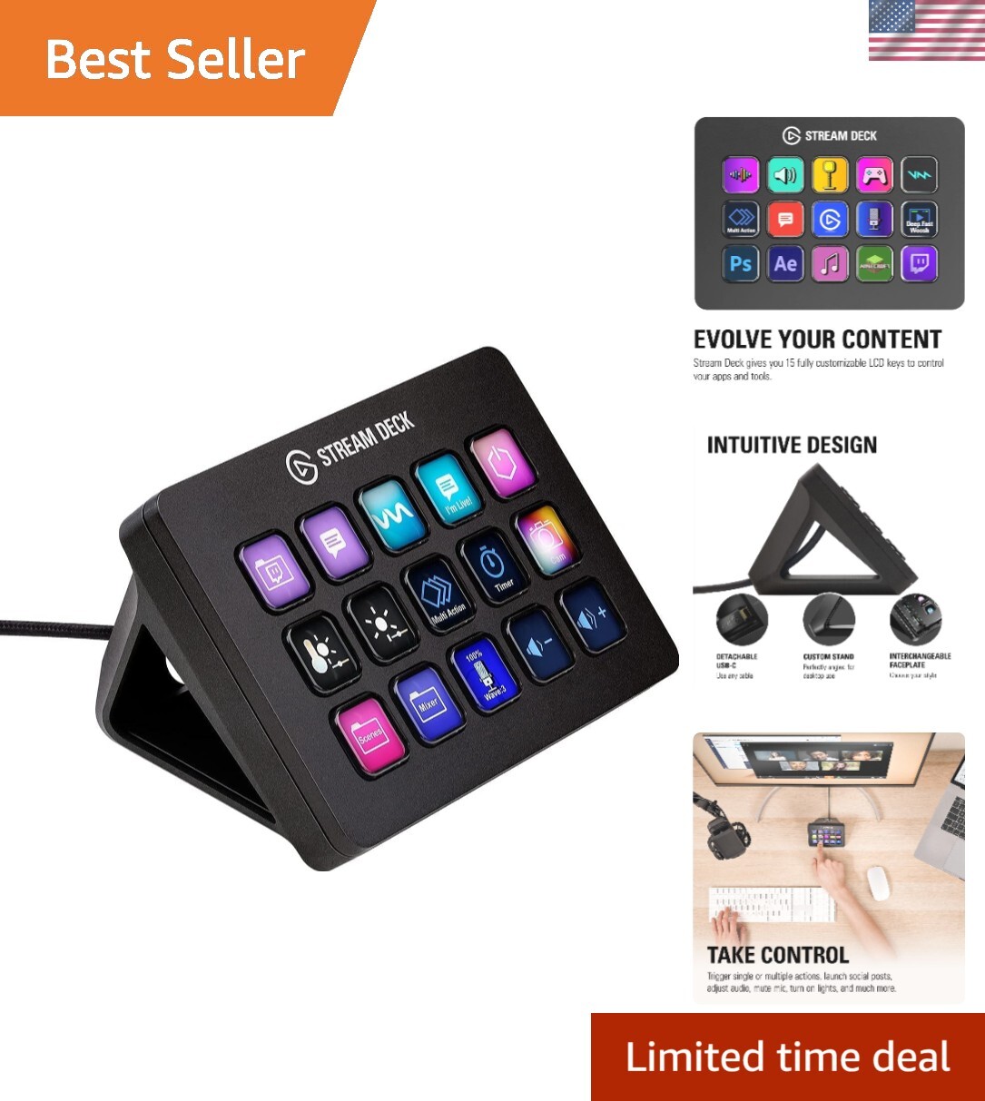 Stream Deck MK.2, 15 LCD Keys, Model , Trigger Actions in OBS, Twitch, YouTub...