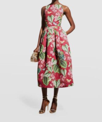 $4290 Oscar de la Renta Women's Red Sleeveless Botanical Print Sundress Size 2