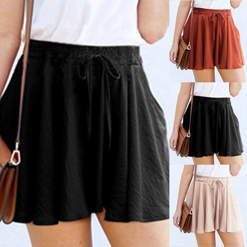 Womens Summer Cotton Linen Elastic Waist Pants Ladies Casual Baggy Pocket Shorts