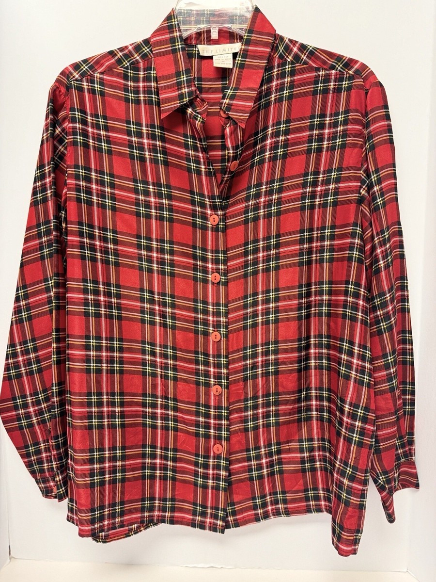 CLANE - imocoCLANE BIGCOLLARDRAWSTRING BLOUSE Vintage The Limited 100% Silk Tartan Plaid Collared Button