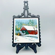 VTG Holt Howard Winter Snow Scene Red Barn Horse Wagon Tile Cast Iron Trivet