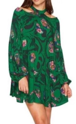 Free people drift away green bright bohemian tropical floral dress tunic women S